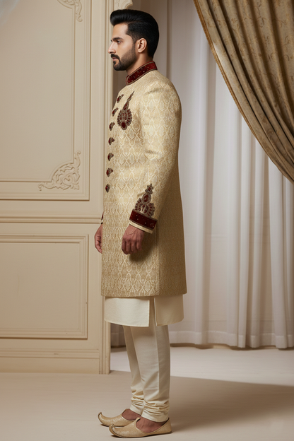 Regal Cream Sherwani with Velvet Accents