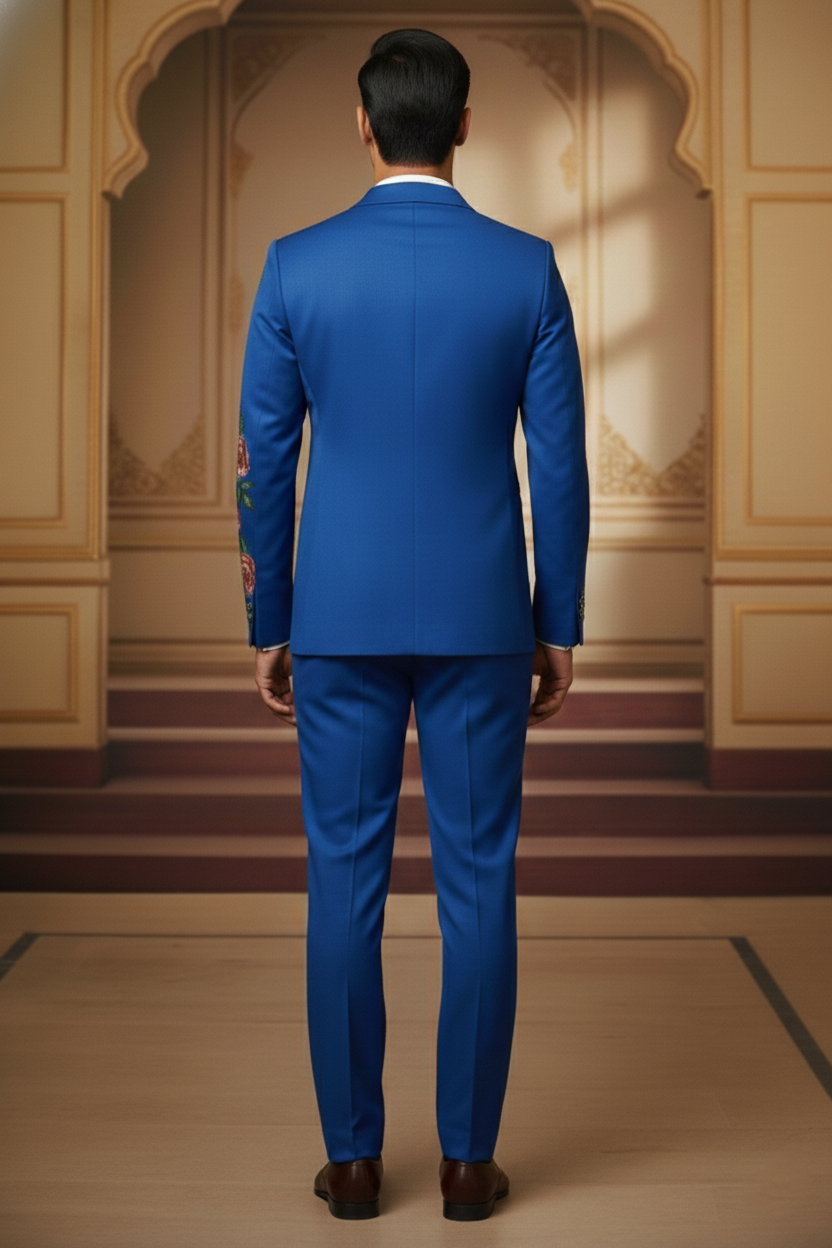 Sky Blue Artisan Blazer with Swan & Butterfly Hand-Embroidery , Designer Indo-Western Tuxedo