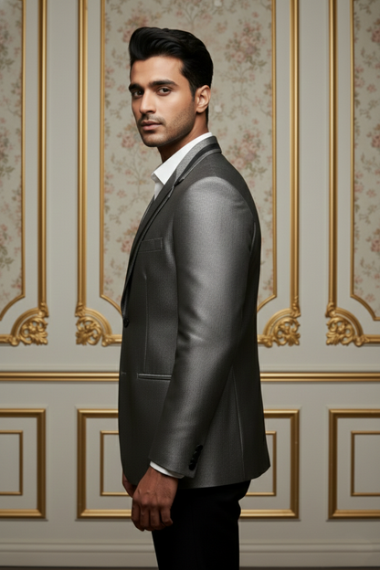Men's Metallic Grey Textured Blazer with Contrast  Trim