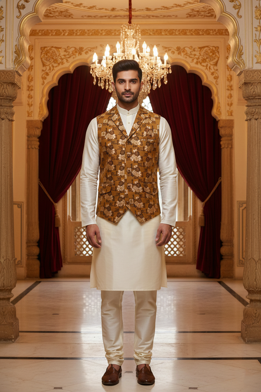 Men’s Mustard Brown Floral Designer Waistcoat | Slim Fit Festive & Party Wear Vest