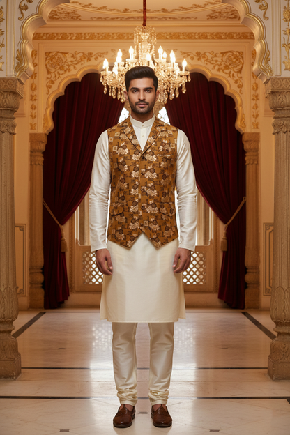 Men’s Mustard Brown Floral Designer Waistcoat | Slim Fit Festive & Party Wear Vest