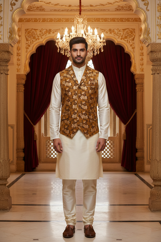 Men’s Mustard Brown Floral Designer Waistcoat | Slim Fit Festive & Party Wear Vest
