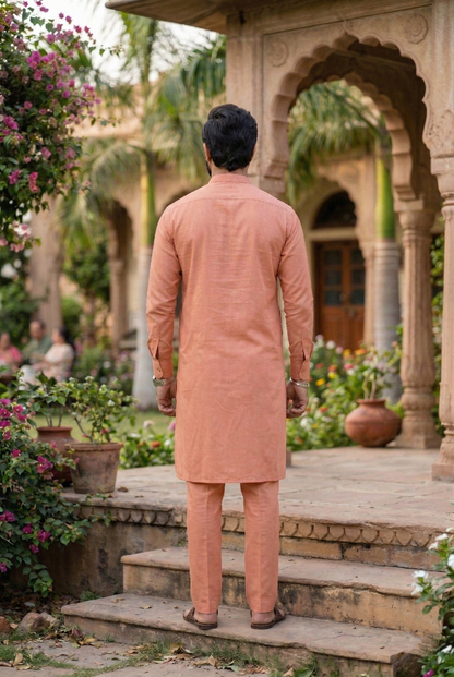 Men's Peach Cotton Silk Plain Kurta Pajama Set