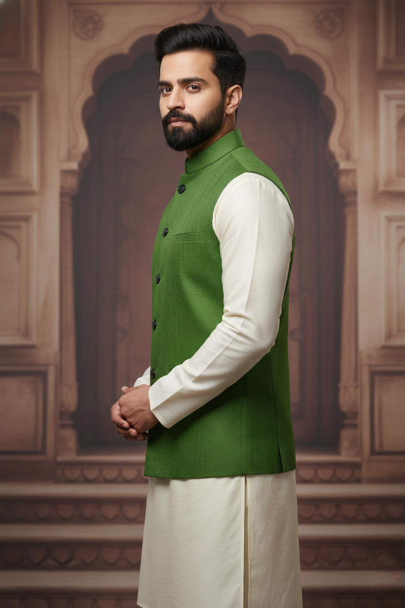 Men’s Dark Green Nehru Jacket with Black Piping | Designer Ethnic Waistcoat