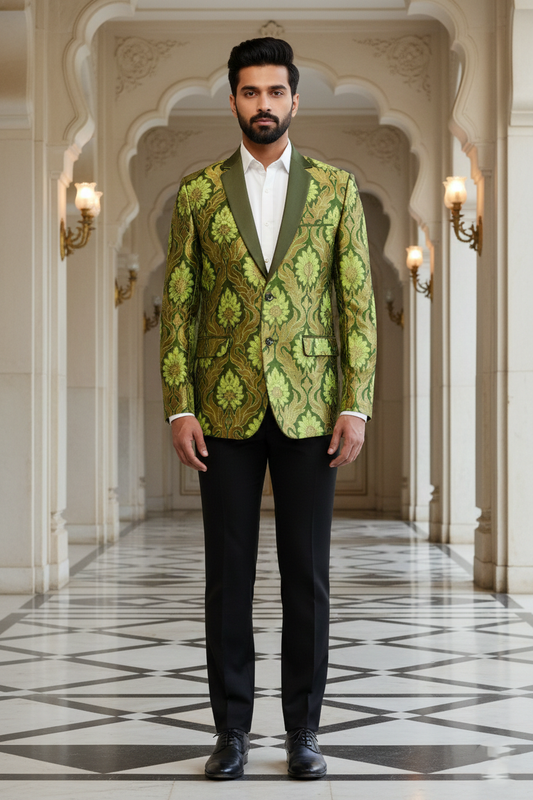 Men's Premium Olive Green Floral Jacquard Tuxedo Blazer , Luxury Ethnic Wedding & Evening Party Wear Jacket