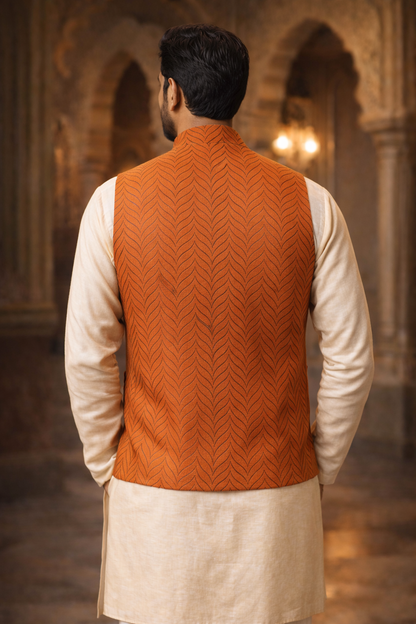 Men’s Rust Orange Chevron Nehru Jacket | Ethnic Wedding Festive Party Wear Mandarin Collar Sleeveless Waistcoat for Kurta & Indo-Western Outfit