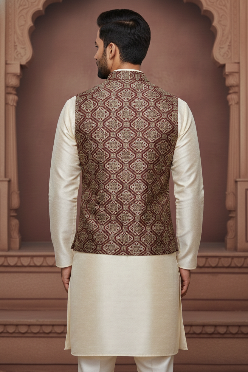 Men’s Light Red Designer Waistcoat | Dark Red Line Pattern Slim Fit Festive Vest