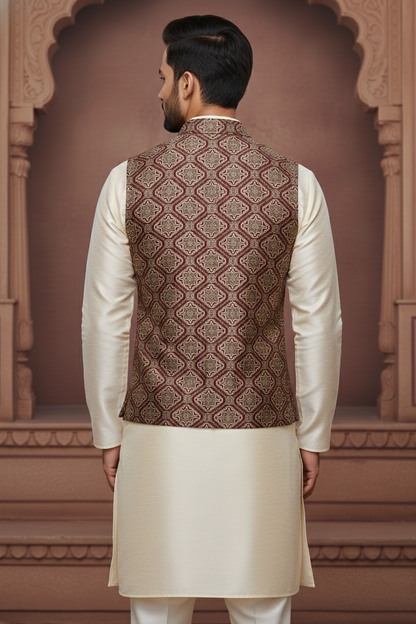 Men’s Light Red Designer Waistcoat | Dark Red Line Pattern Slim Fit Festive Vest