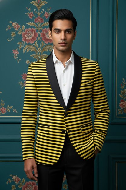 Men'sSlim-Fit Horizontal Striped Blazer with Shawl Lapel , Bold Yellow and Black Statement Jacket