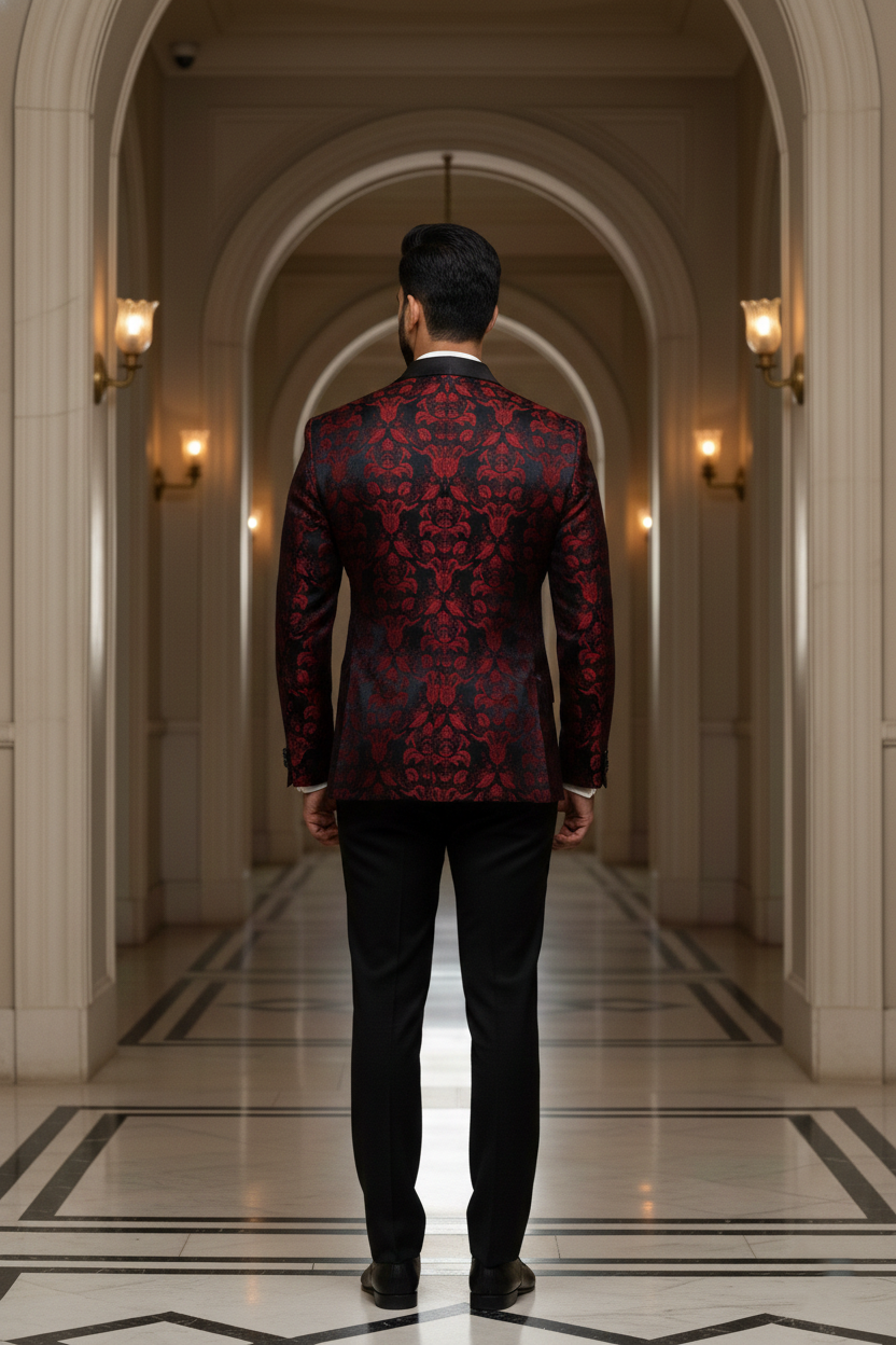Men's Premium Maroon and Black Jacquard Floral Tuxedo Blazer , Slim Fit Evening Party Wear