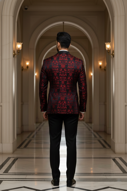 Men's Premium Maroon and Black Jacquard Floral Tuxedo Blazer , Slim Fit Evening Party Wear