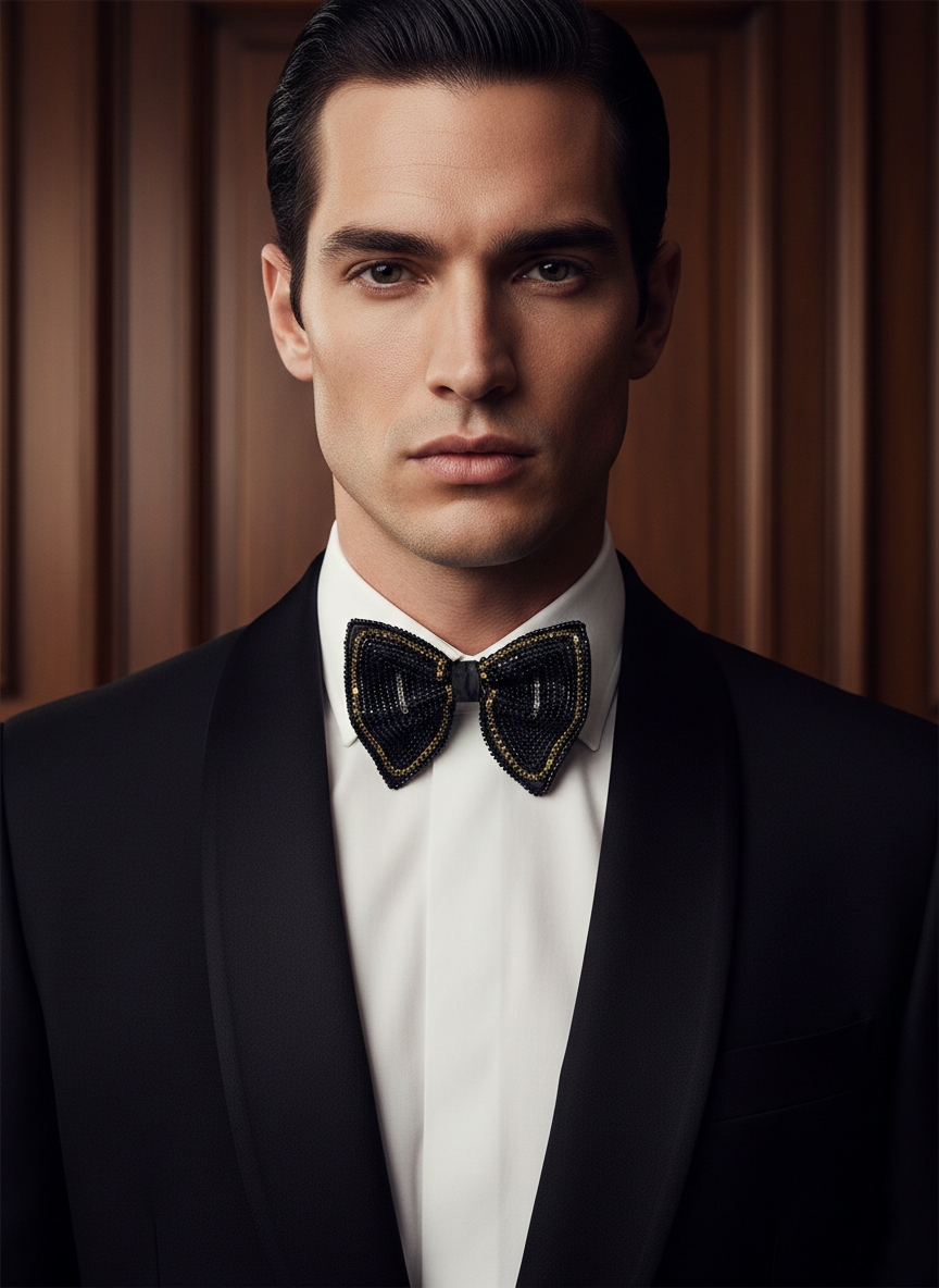 Hand-Embroidered Midnight Black Butterfly Bow Tie