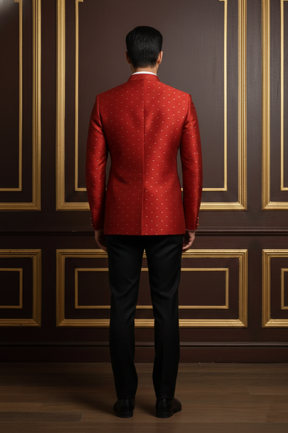 Men's Premium Red Jacquard Silk Bandhgala Blazer , Ethnic Jodhpuri Suit Jacket for Weddings & Formal Occasions