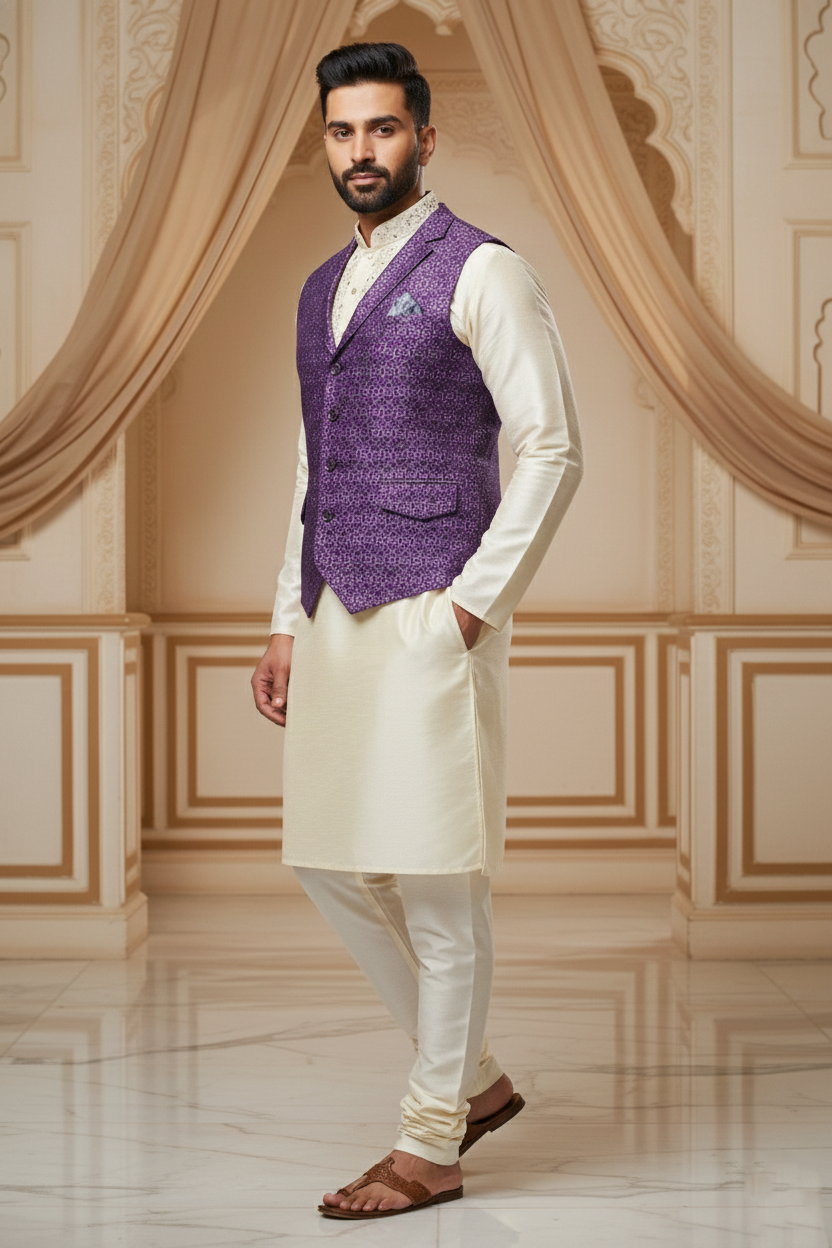 Men's Royal Purple Silk Blend Nehru Jacket – Designer Geometric Printed Waistcoat with Notched Lapel and Pocket Square