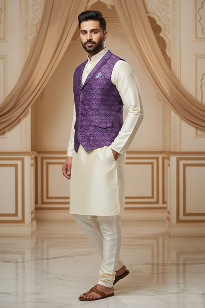 Men's Royal Purple Silk Blend Nehru Jacket – Designer Geometric Printed Waistcoat with Notched Lapel and Pocket Square