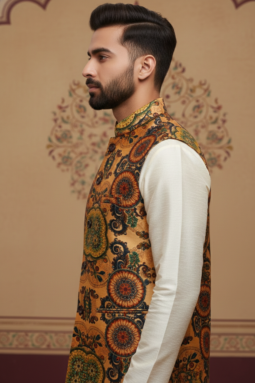 Golden Multicolor Brocade Nehru Jacket with Cream Kurta  Set
