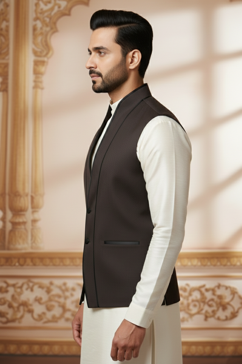 Men’s Black Jacquard Silk Waistcoat with Notch Lapel | Slim Fit Festive Vest