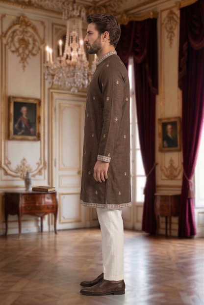 Men's Chocolate Brown Embroidered Kurta with White Trousers