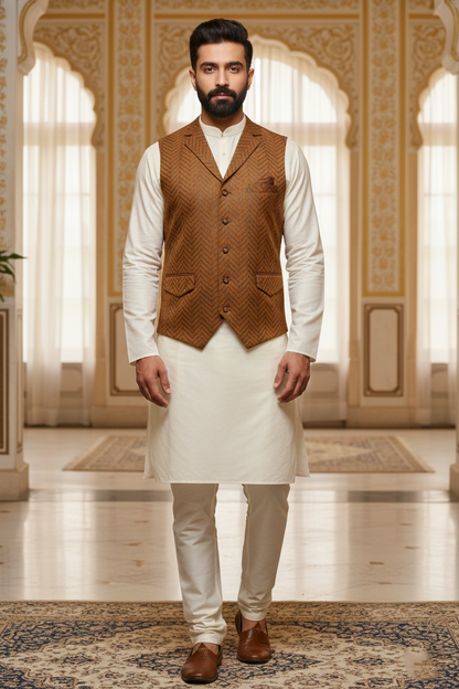 Men’s Mustard Brocade Nehru Jacket | Ethnic Wedding Festive Party Wear Sleeveless Waistcoat with Mandarin Collar for Kurta & Indo Western Outfit
