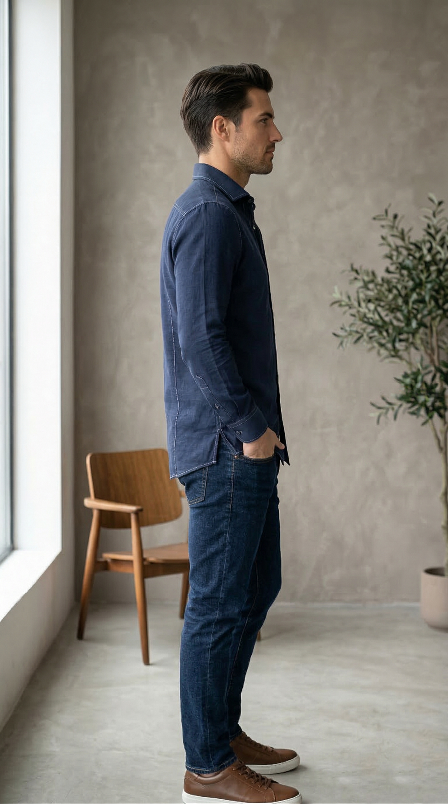Men'sDeep Indigo Denim-Look Casual shirt with Contrast Topstitching