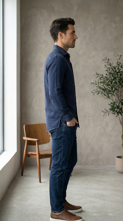 Men'sDeep Indigo Denim-Look Casual shirt with Contrast Topstitching