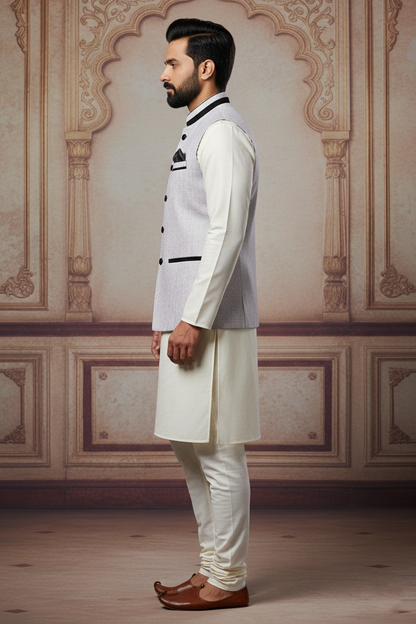 Light Grey Nehru Jacket with Black Trim & Cream  Kurta Set