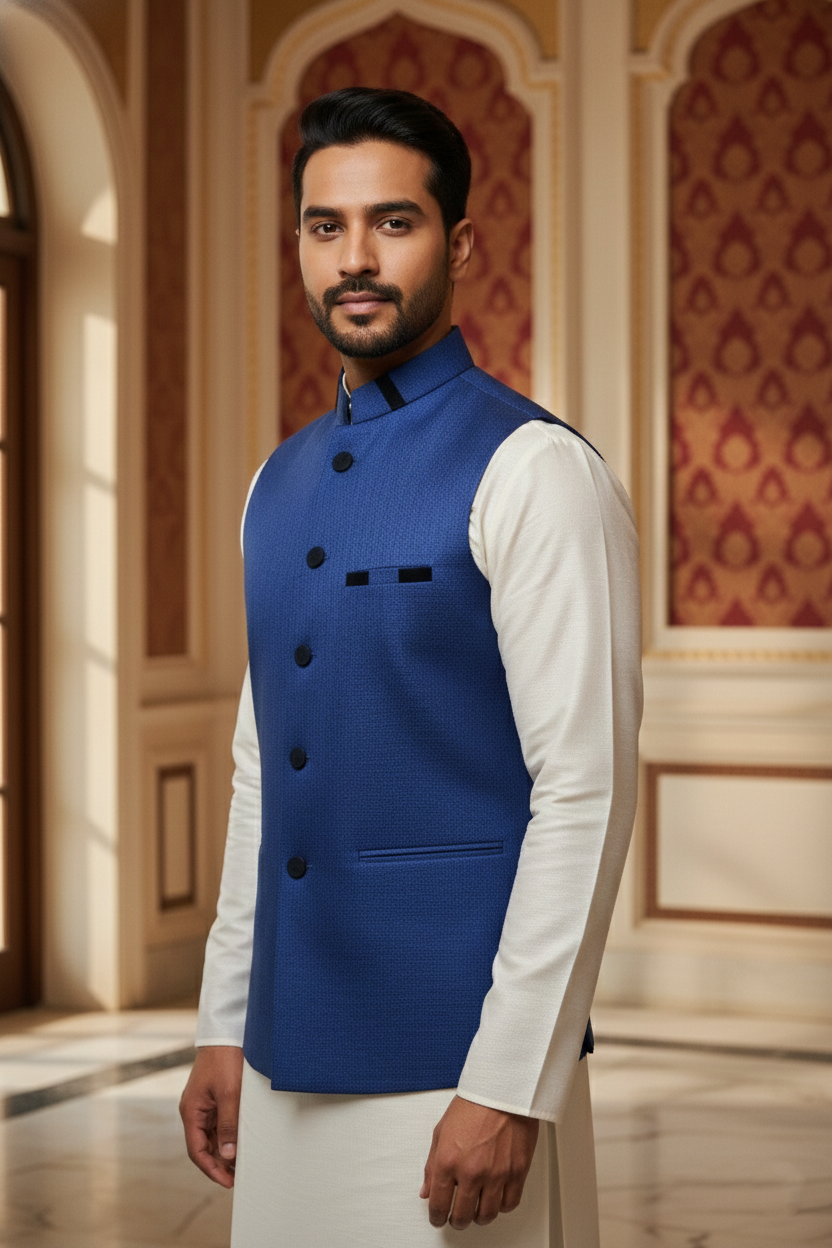 Men’s Dark Blue Nehru Jacket with Subtle Textured Work | Ethnic Waistcoat