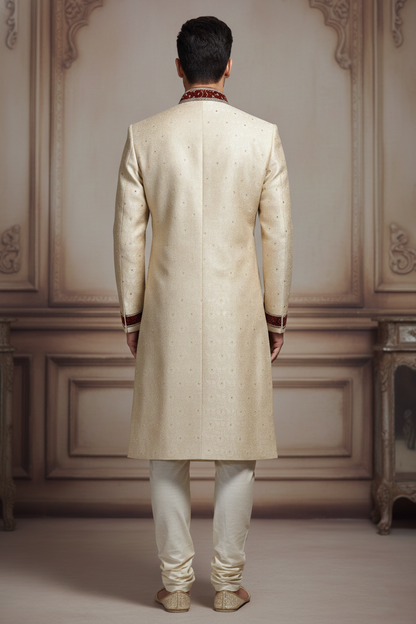 Men'sIvory & Maroon Embroidered Sherwani