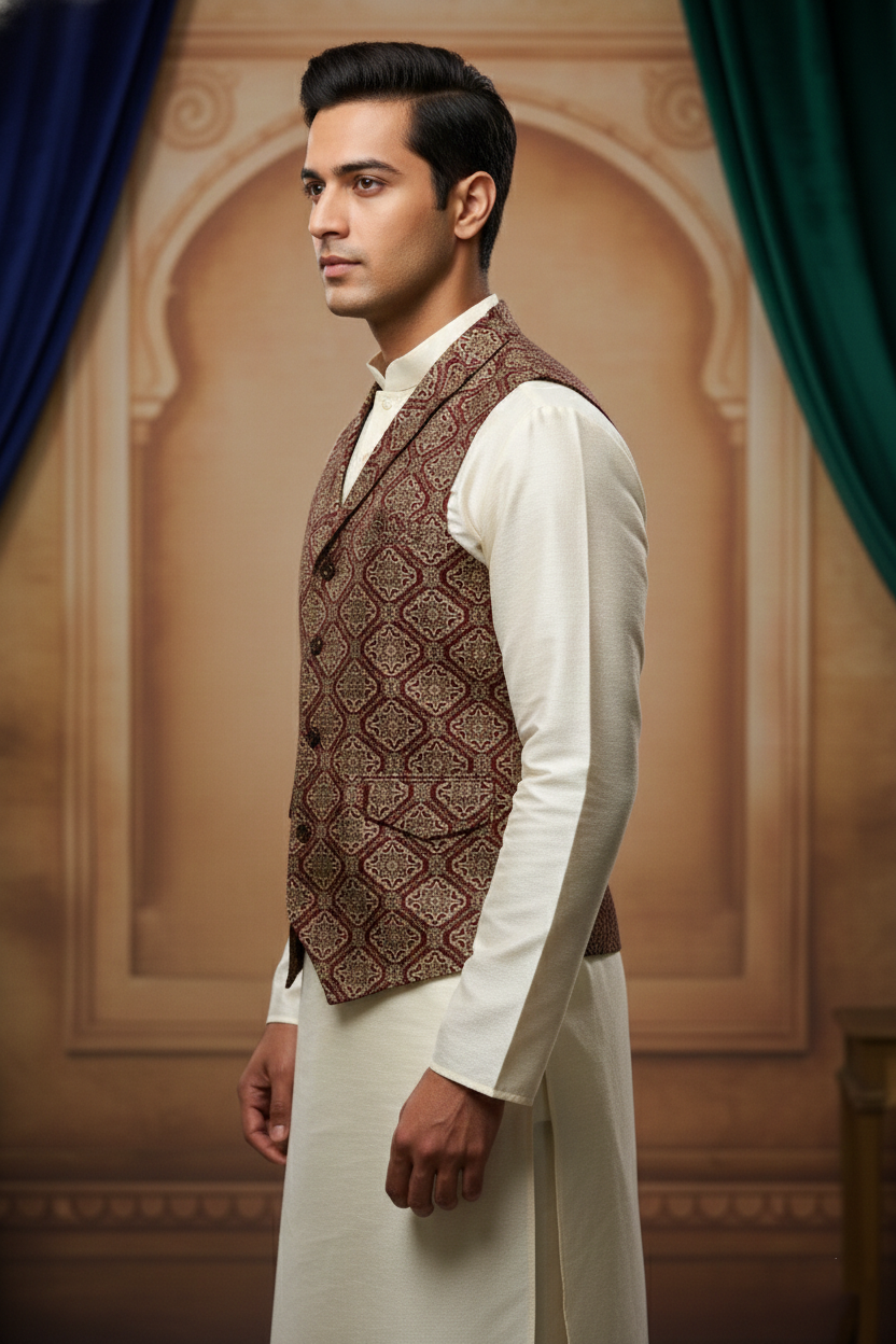 Men’s Light Red Jacquard Silk Waistcoat with Notch Lapel | Slim Fit Festive Vest