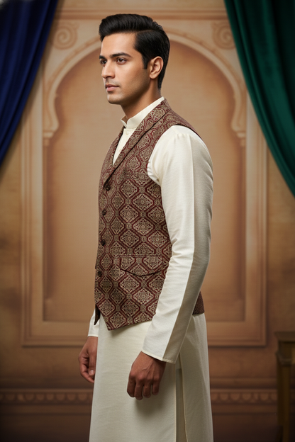 Men’s Light Red Jacquard Silk Waistcoat with Notch Lapel | Slim Fit Festive Vest