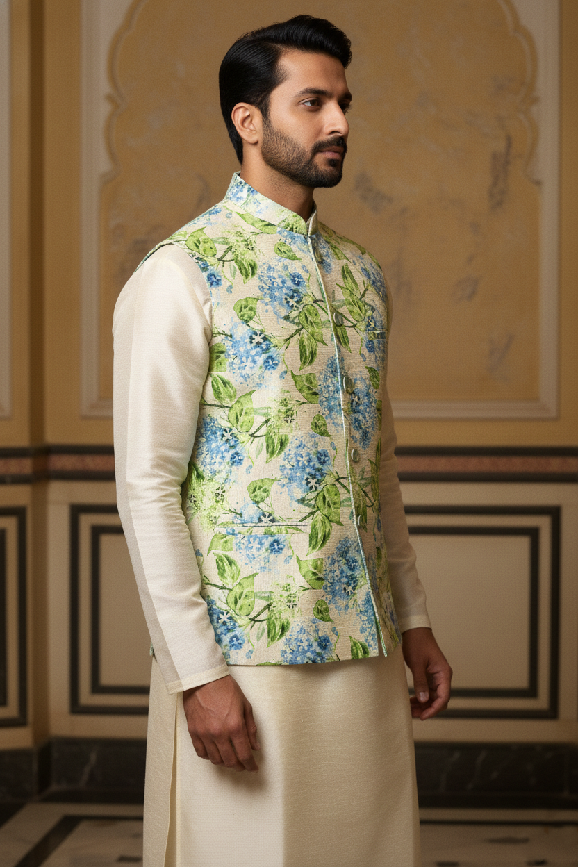 Serene Hydrangea: The Pastel Floral Nehru Jacket