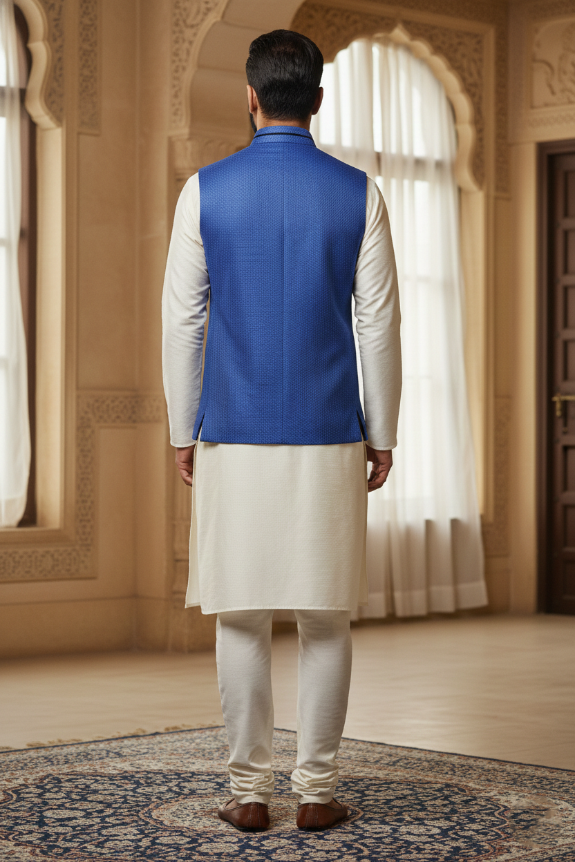 Royal Blue Nehru Jacket with Cream Kurta Set