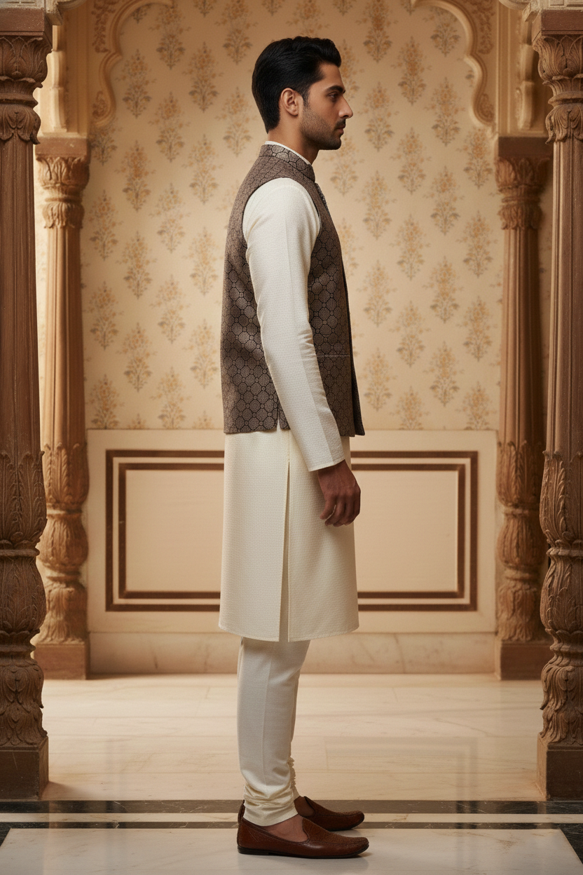 Men’s Grey Designer Waistcoat | Black Line Work Slim Fit Festive Vest