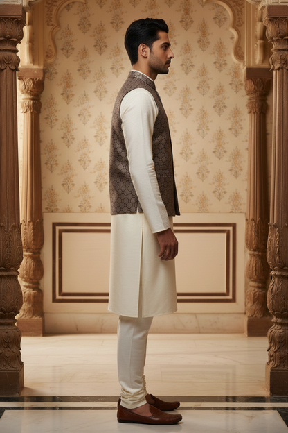 Men’s Grey Designer Waistcoat | Black Line Work Slim Fit Festive Vest