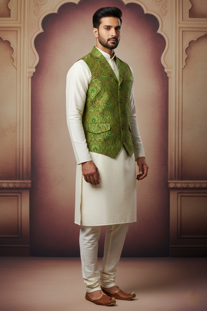 Men’s Green Nehru Jacket with Embroidery Work | Ethnic Waistcoat for Wedding, Festive & Party Wear | Sleeveless Modi Jacket