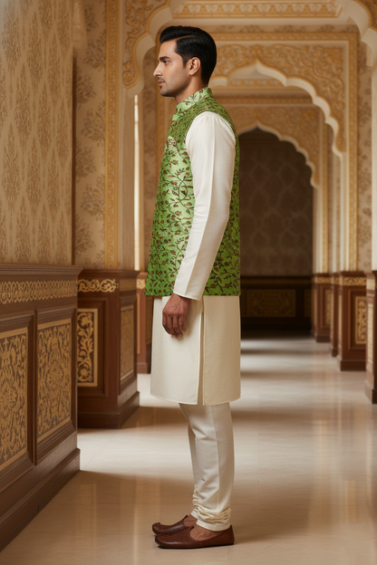 Emerald Vine: The Lustrous Foliage Nehru Jacket