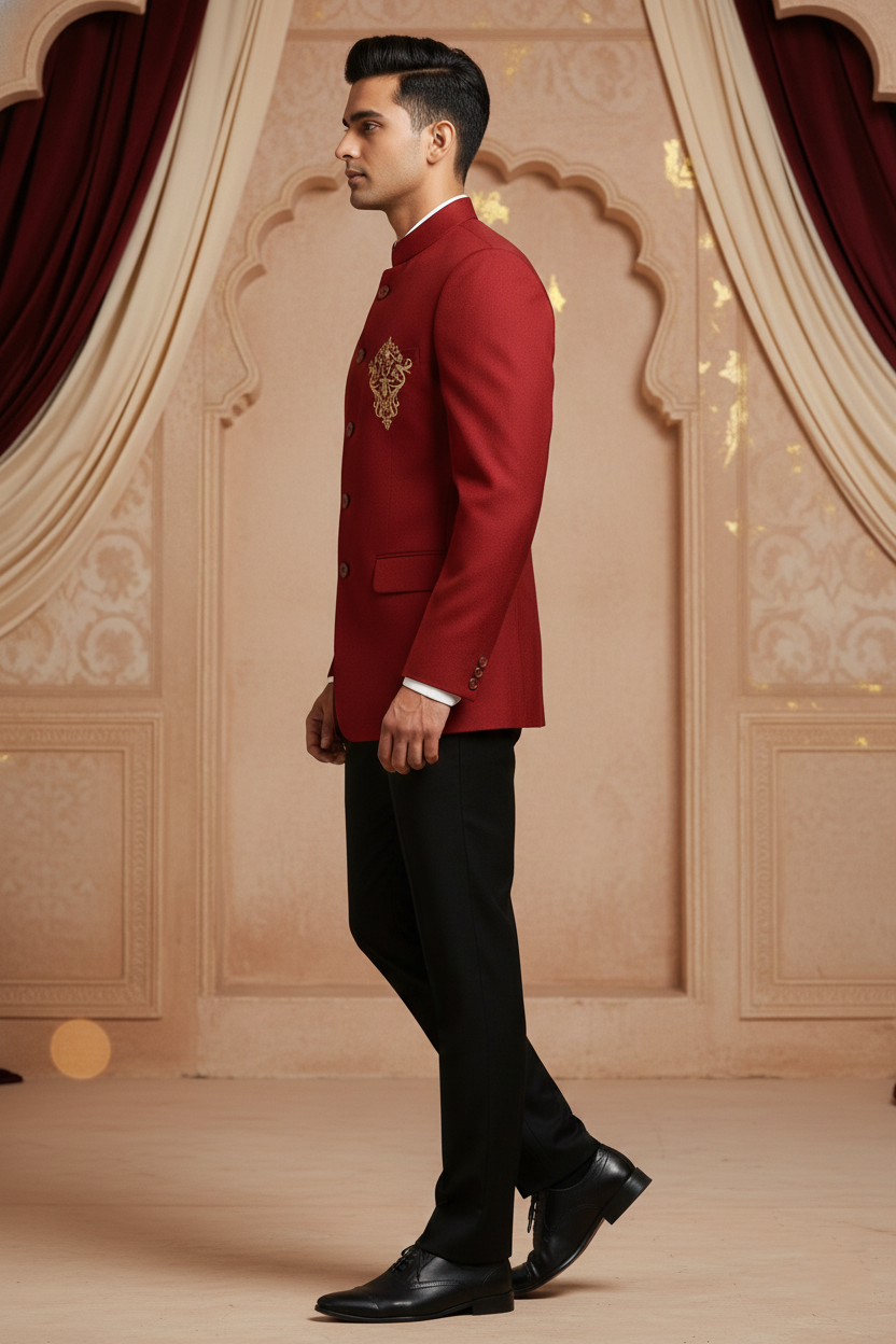 Men's Premium Maroon Jacquard Jodhpuri Blazer