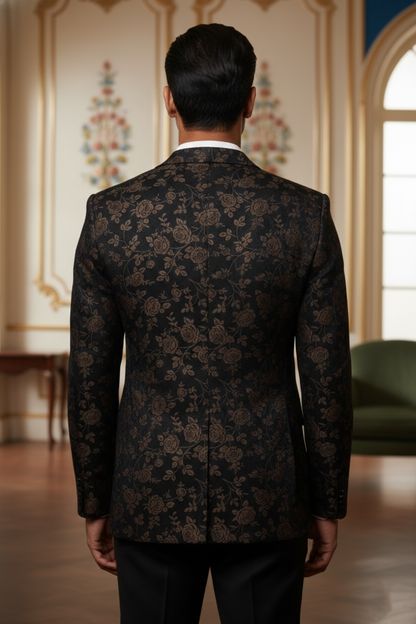 Black Double-Breasted Floral Blazer with Notched Lapel
