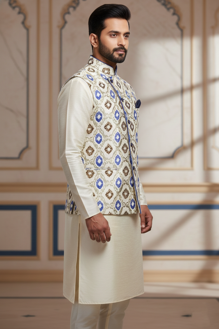 Men's Asymmetric Print Nehru Jacket – Cream & Blue Geometric Ethnic Waistcoat