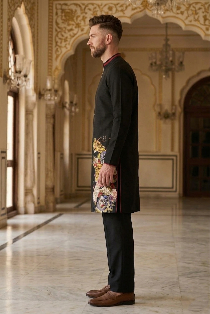 Men's Black Embroidered Tiger Motif Designer Kurta Pajama