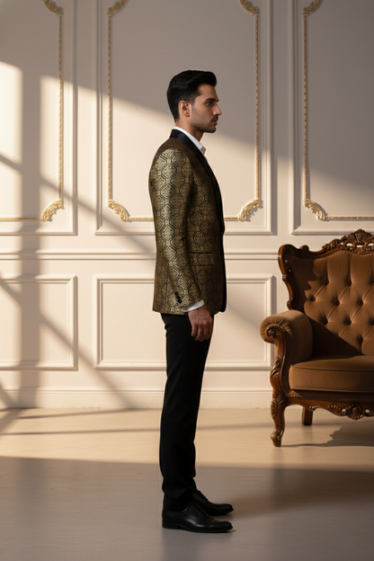 Men's Royal Gold & Black Banarasi Brocade Tuxedo Blazer , Slim Fit Evening Tux with Shawl Lapel