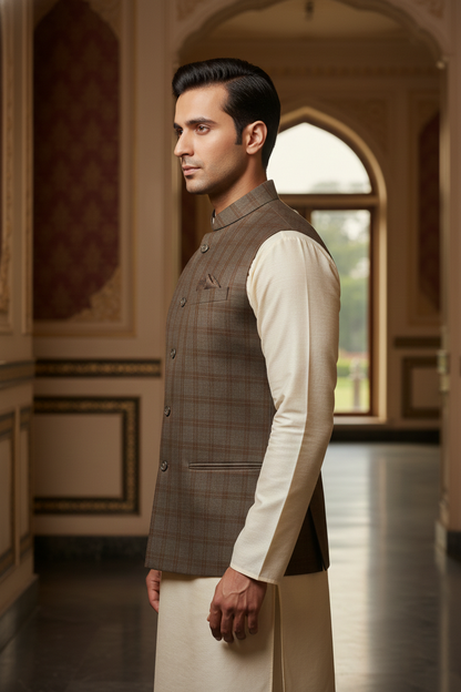 Men's Brown Windowpane Check Nehru Jacket – Classic Slim Fit Ethnic Waistcoat for Weddings & Formal Events