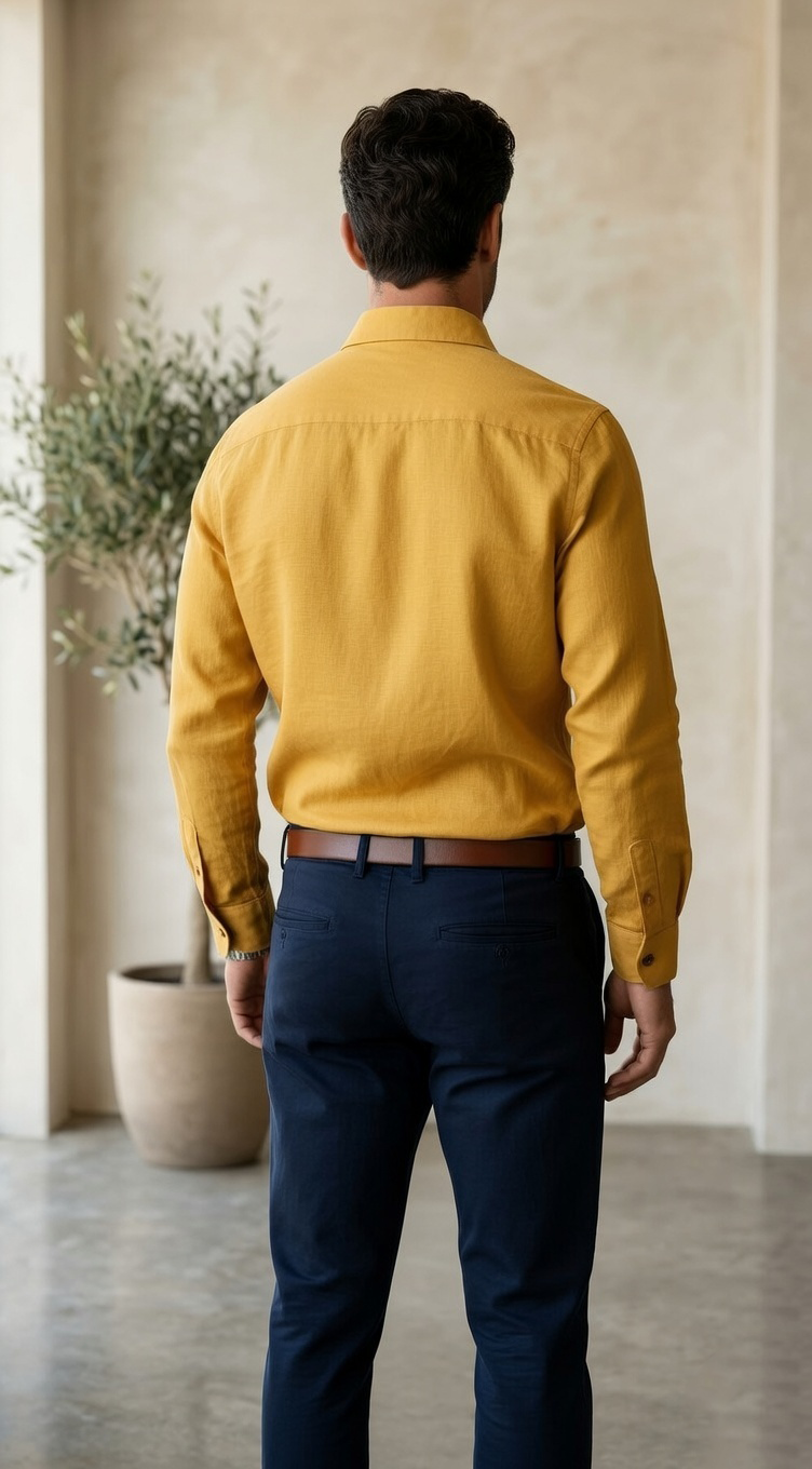 Men'sCasual Long-Sleeve Linen-Blend Shirt in Mustard Gold