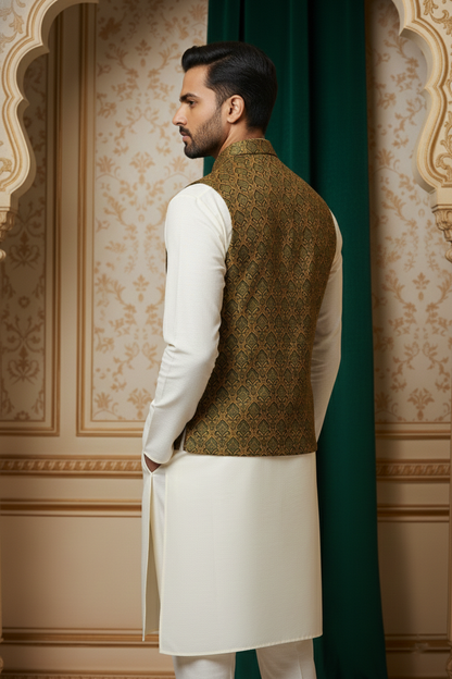 Designer Men’s Brocade Nehru Jacket | Traditional Wedding & Festival Wear  Sleeveless Waistcoat with Mandarin Collar