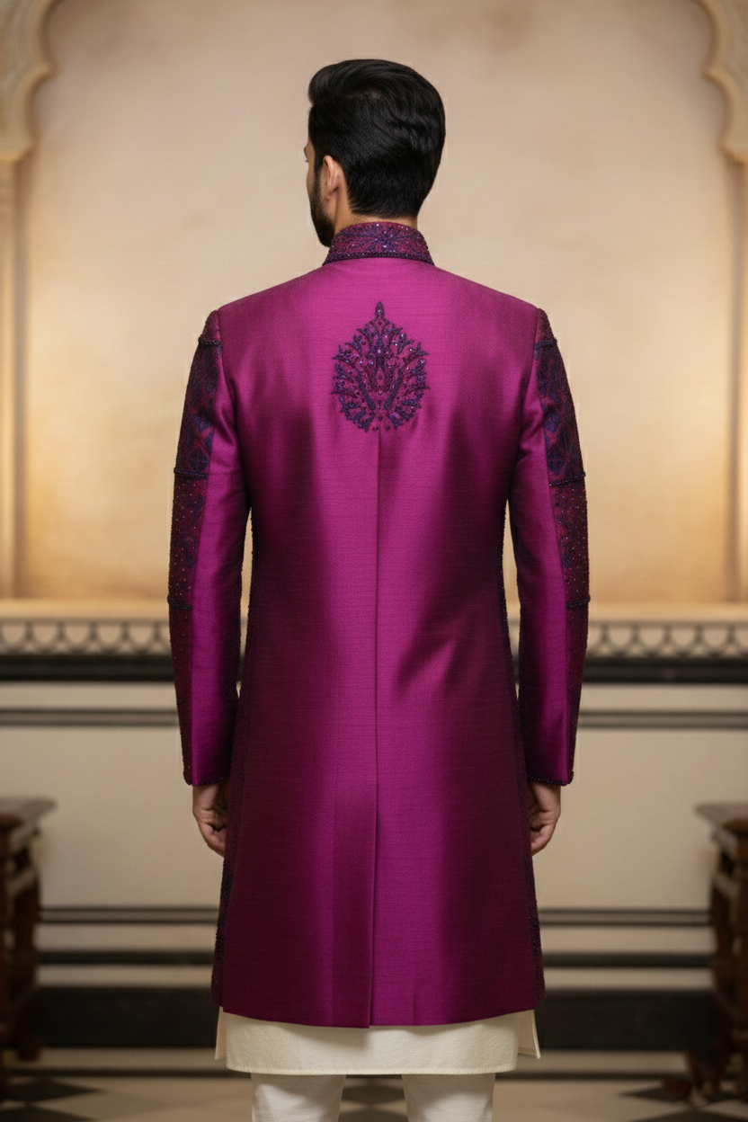 Men'sWine Embroidered Designer Sherwani