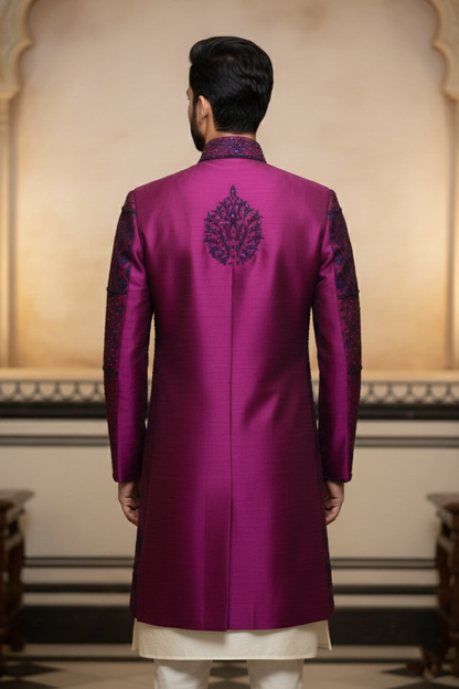 Men'sWine Embroidered Designer Sherwani