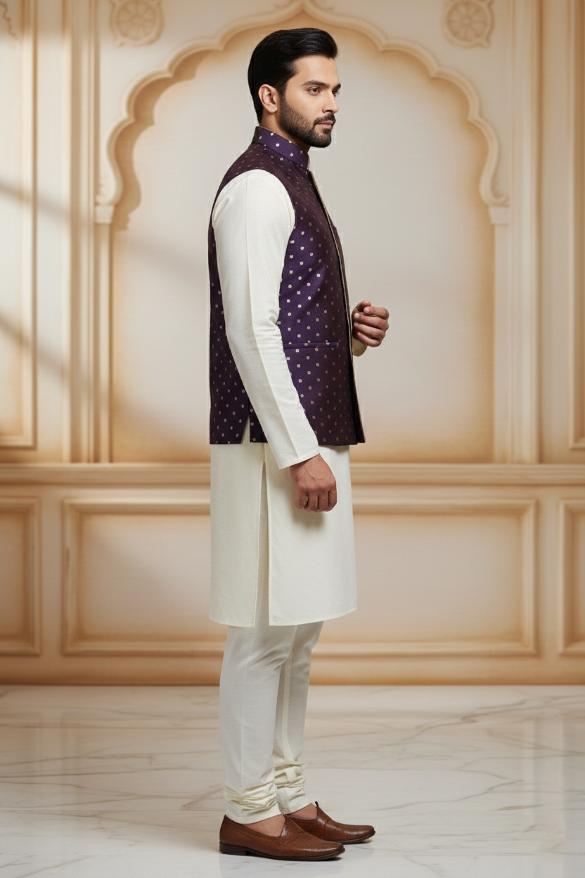 Men’s Purple Dotted Nehru Jacket with Ivory Kurta