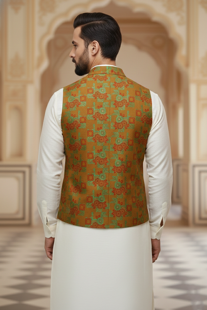 Men’s Brown Floral Designer Waistcoat | Red & Green Flower Work Slim Fit Vest