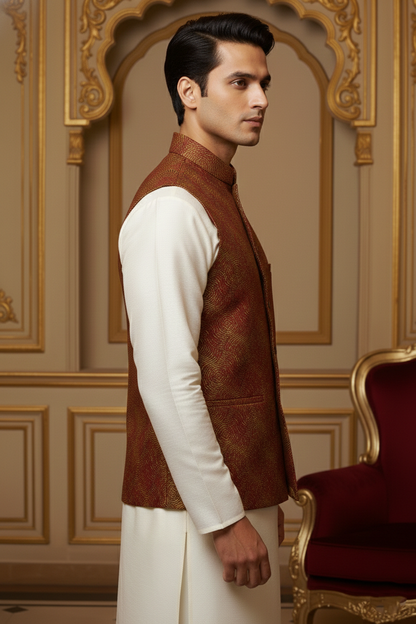 Men’s Maroon Printed Nehru Jacket with Ivory Kurta