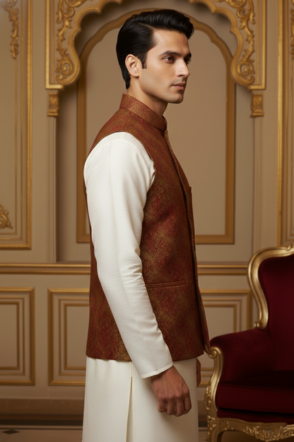 Men’s Maroon Printed Nehru Jacket with Ivory Kurta